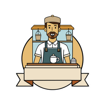 International coffee day male barista character in coffee shop badge