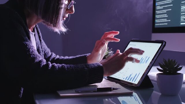 Senior woman performs data analysis at night. This business woman works on tablet, studying chart. Her work requires focused data analysis. This dedicated woman reviews her business work on screen.
