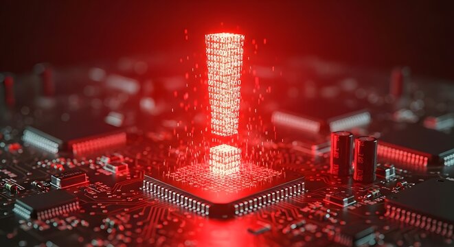 Cyber security alert and system error notification. Data breach warning and technical failure. Glowing red exclamation mark made of binary code on a computer motherboard chip.