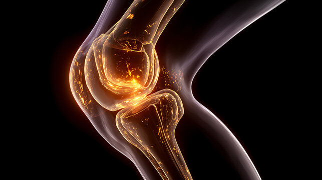 A glowing knee joint with inflammation or injury on a black background