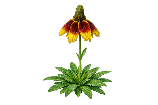 Ratibida columnifera wildflower with yellow and red petals, conical head, green leaves, water drops, transparent background