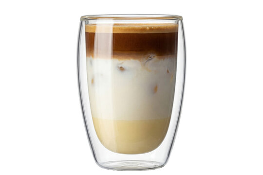 layered iced spanish latte with condensed milk in a double-walled glass on a transparent or white background
