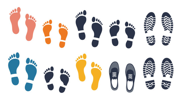 Assortment of diverse footprints and shoe soles in different colors and sizes representing a group of people moving together.