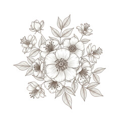 Elegant black and white floral arrangement with delicate blossoms and leaves