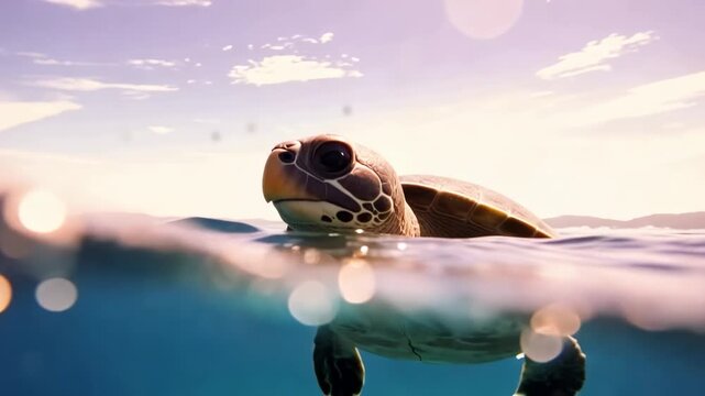 Sea turtle gliding smoothly through tropical waters with clear view underwater and bright sunny skies a beautiful ocean scene