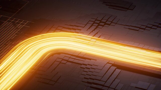 Flowing neon lines with circuit board background, 3d rendering.