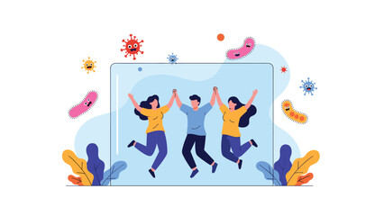 Fototapeta premium Three cheerful friends jumping with joy behind a protective glass barrier to stay safe from colorful floating virus particles.