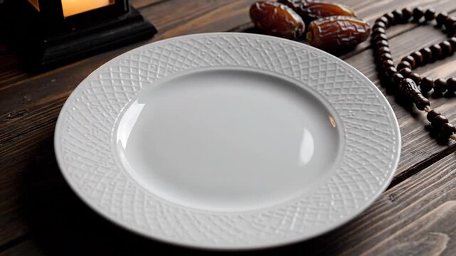 Ramadan Kareem or Iftar concept with empty plate on dark wooden background