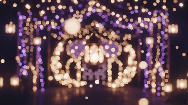 Defocused lights create a magical purple and gold archway for festive background
