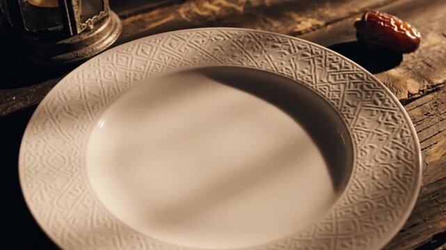 Elegant white plate with a decorative rim, set on a rustic wooden table