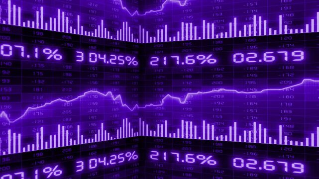 Purple futuristic trading dashboard with analytics interface and real time data visualization stock market background