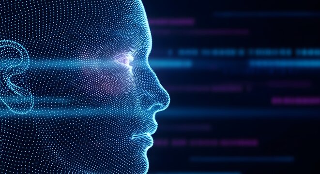 Artificial intelligence and facial recognition technology. Digital human profile with data points. Cybernetic head scanning information in futuristic dark background
