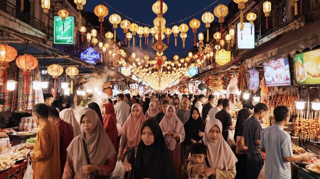 Vibrant street market scene with bustling crowds and festive lantern decorations
