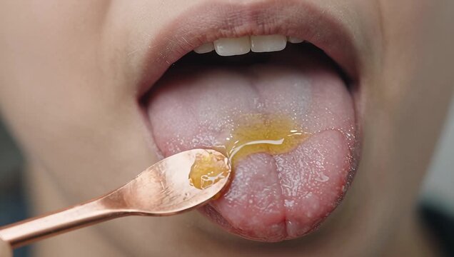 Close-Up of a Teen Female with Asian Features Applying Gloss to Her Tongue