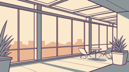 A modern office interior with a city view and minimalist furniture