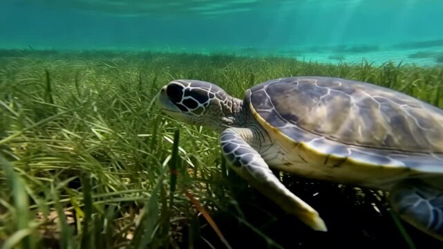 Sea turtle swimming through seagrass underwater scene marine life natural habitat conservation exploration green sea turtle chelonia mydas