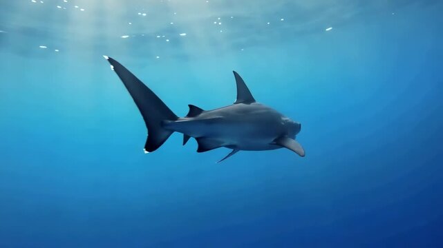 Smooth shark swimming calmly in deep blue ocean water with sun rays filtering from above