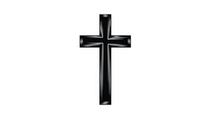 Simple black Christian cross with a wood grain texture effect on a plain white background, symbolizing faith, religion, and spirituality for many.