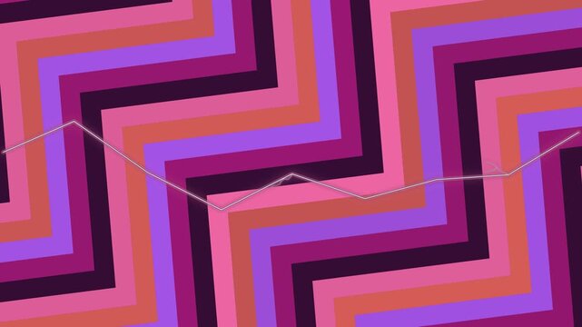 Geometric zigzag pattern with vibrant pink, purple, and orange stripes, subtly intersected by a delicate wavy line, forming a dynamic and modern abstract background design