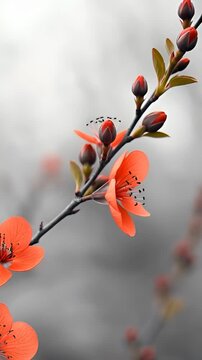 Beautiful Blooming Branch with Red Flowers on Grey Background, Spring Nature Close Up, Minimalist Floral Animation for Spa and Wellness, Bright Blossoms on Dark Stem