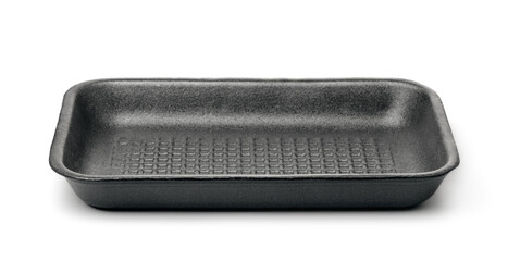 Front view of empty black foam food tray
