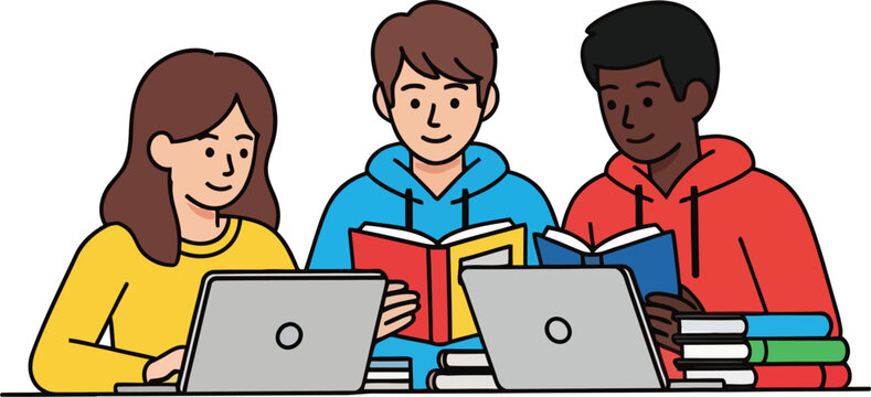 Students Studying Together with Laptop and Books &ndash; Flat Vector Education Illustration