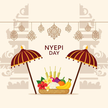 Nyepi Day Celebration: Balinese Offerings with Umbrellas and Ornate Decorations