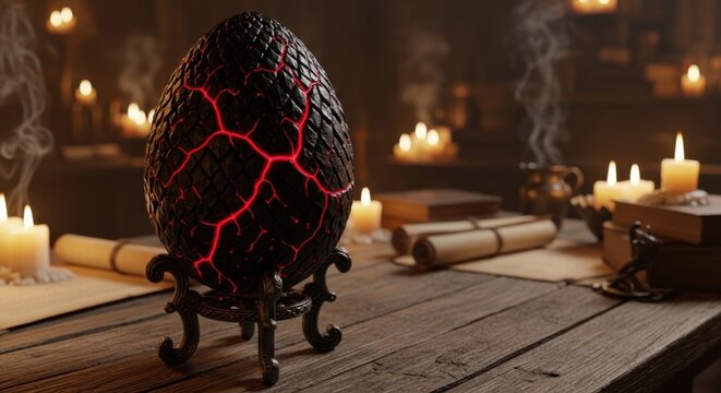 Mystical dragon egg glowing red on ancient wooden altar with candles