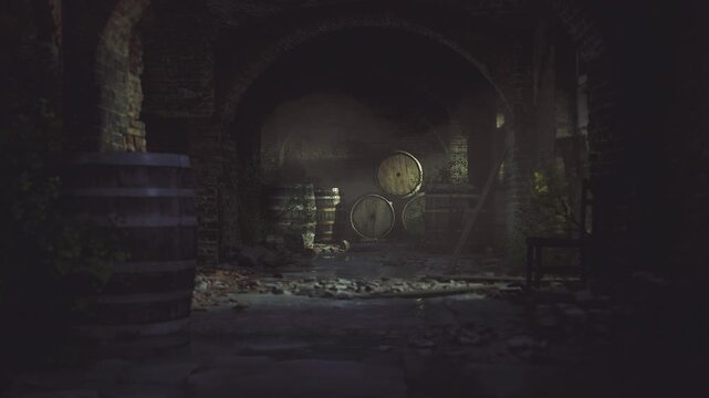 Rustic winemaker cellar lined with barrels, oak casks stacked along stone arch, dust and straw on floor, faint scent of fermentation and wood, atmosphere