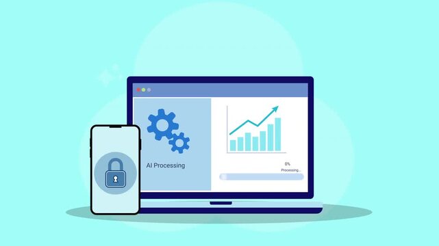 Flat vector animation showing laptop analytics dashboard with gear settings and growth chart, alongside smartphone with lock icon representing secure data analysis, system management, and business tec