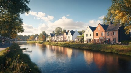 Fototapeta premium Charming riverside houses reflect in calm water during a beautiful sunset. Peaceful living in a cozy, picturesque setting.
