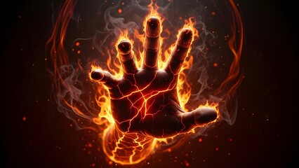 Glowing hand of fire and lava on a dark background. Power and intense energy concept. Human palm with cracks of burning magma reaching out through smoke and sparks