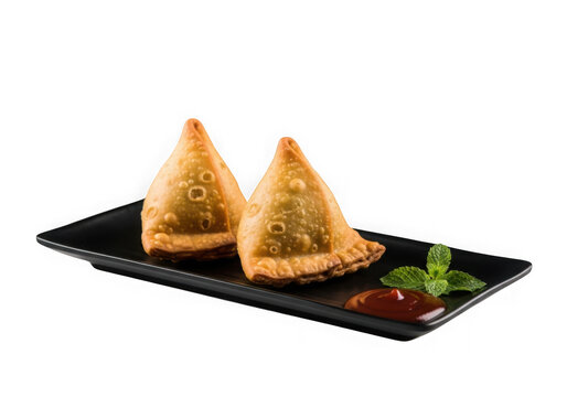 A plate of samosas with sauce and herbs isolated on transparent background