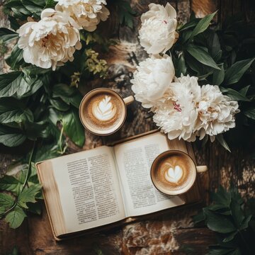 A table with two cups of cappuccino, an open book, and peonies on it. The photo was taken from above. There is also some greenery around the flowers