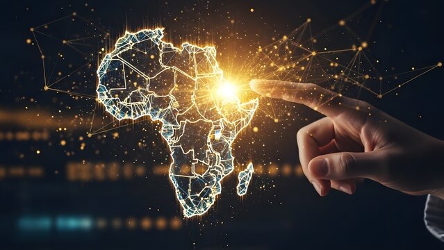 Global technology development and African digital economy. Connectivity and regional growth. Finger touching a glowing digital map of Africa with golden network connections