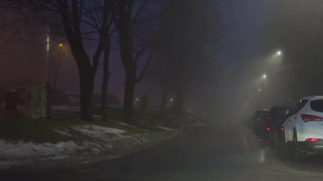 Misty neighborhood avenue with glowing streetlights. Quiet suburban alleyway coated in fog with parked vehicles and reflective wet pavement
