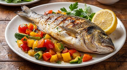 Whole grilled sea bream serving with colorful roasted vegetables and fresh lemon
