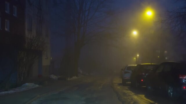 Misty neighborhood street scene. Serene city neighborhood at night with glowing streetlights and shimmering puddle reflections