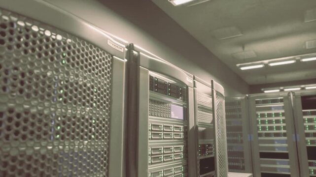 Core network racks with panel LEDs, telecom backbone equipment, fiber trunks and routing hardware, dense switching and monitoring for continuous connectivity.