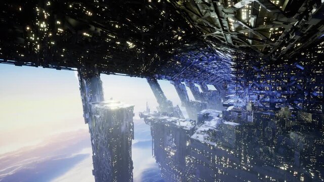 Inverted futuristic city hanging over abyss, topside walkways turned ceiling, constellationlike lights drifting in reflective void, tilted perspective creating