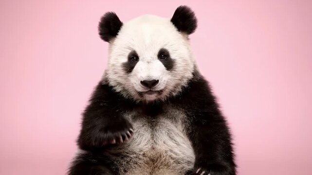 Cute giant panda sitting calmly on a solid pink background in a studio portrait
