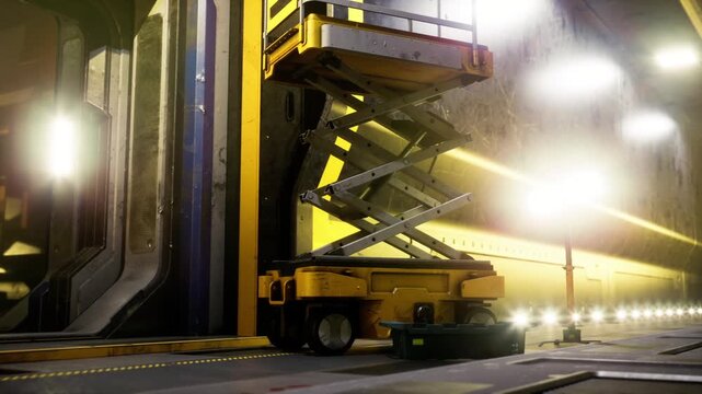 Futuristic cargo bay scissor lift operating, autonomous loader aligning freight onto electric truck under bright industrial lights, metallic floor reflections,