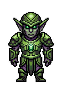 Pixelated goblin warrior in green armor isolated