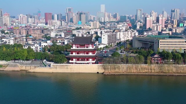 Wuhan Du Fu Pavilion Riverside with Modern City Skyline Aerial View