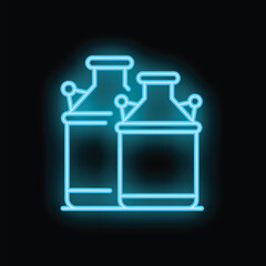 Obraz premium Two neon blue milk cans are glowing on a black background