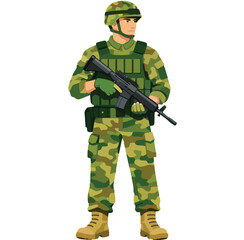 Fototapeta premium Flat Vector Soldier Standing Guard Full Body featuring Alert Military Personnel in Tactical Uniform for Army Defense and Security Graphic Design