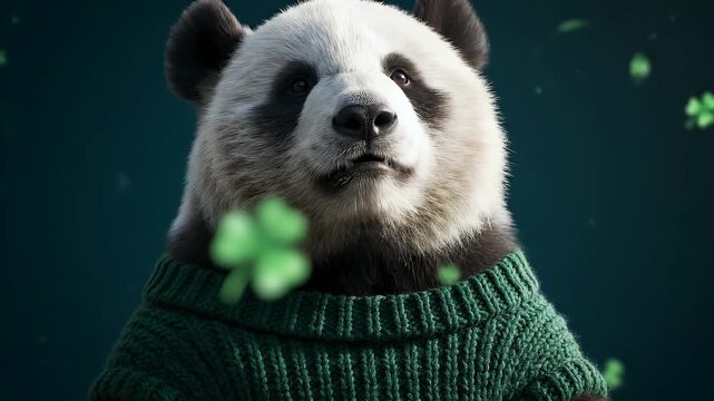 Cute panda wearing a green sweater with clover leaves floating around, close-up view.
