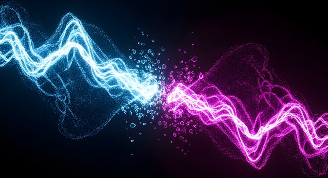 Energy collision and data flow dynamics. Particle physics and opposing forces concept. Blue and pink glowing waves of light particles clashing in a central burst of energy and debris