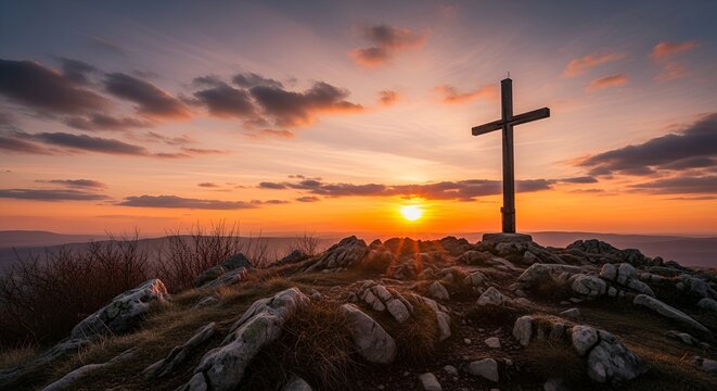 Image is a dramatic landscape photograph featuring a solitary wooden cross on a rocky hilltop. The cross is dark brown and weathered, standing prominently against a vibrant sunset sky. The sky is a bl