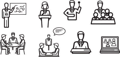 Obraz premium Title: a set of eight black and white line representing various business activities including a person presenting, speaking, networking, and using a computer